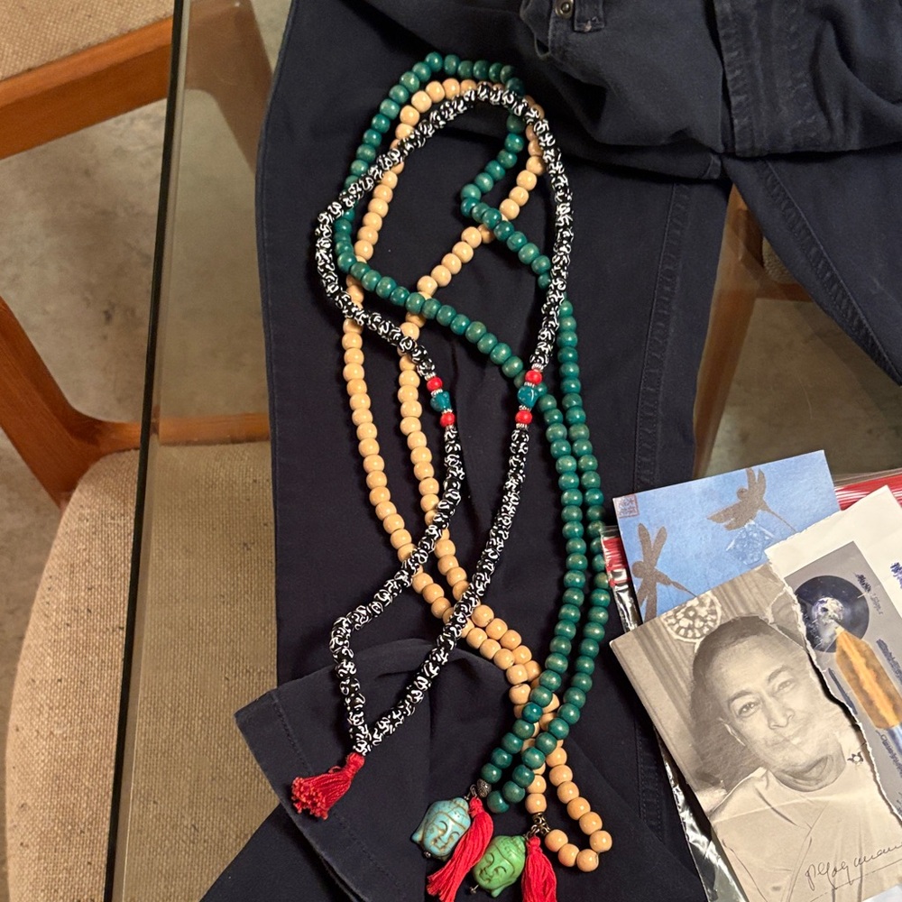 Multicolor Beaded Necklace set.Mexico made. Buddha heads & red tassels. 3 items